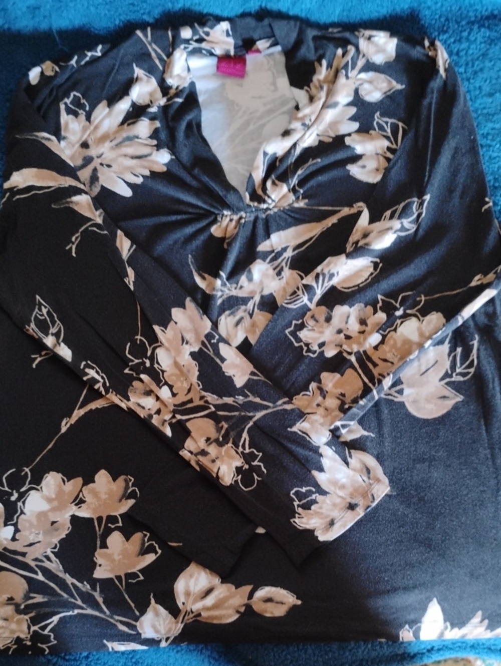 212 Collection Black Top with Cream and Gray Floral Print